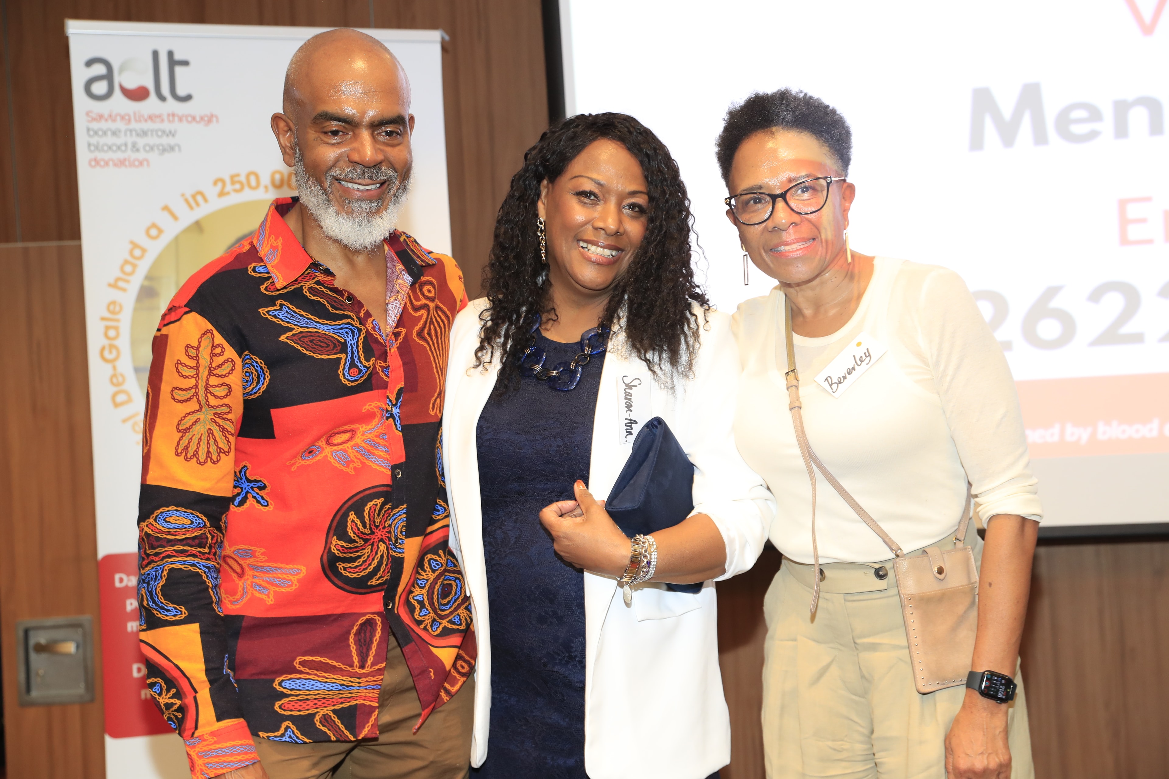 Sharon-Ann Phillips with Orin and Beverley De Gale, founders of ACLT, at a stem cell blood and organ donation awareness event